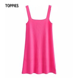 Summer Camisole Knitted Dress Sexy Rose Mini Woman Vacation Beach Sundress 210421