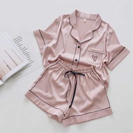 Silk Pajamas for Women Heart Embroidered Pyjamas Women Pj Set Home Suit Satin Nightwear Set Sleepwear Pijama Verano Mujer 210622