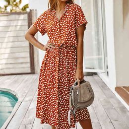 Dots Print White Summer Dress Women New Short Sleeve Tunic Vintage Midi Dress Casual Holiday Boho Beach Dress Vestidos 210426