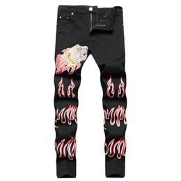 black flame UK - Men's Jeans Men Leopard Flame 3D Digital Print Fashion Black Stretch Cotton Slim Straight Pants Plus Size Trousers