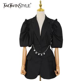 Casual Patchwork Chain Dress For Women Notched Puff Short Sleeve Hollow Out Mini Dresses Female Summer Stylish 210520