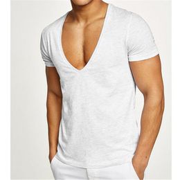 Men's T-Shirts Men Gyms Bodybuilding T-Shirt Deep V-Neck Show Chest Muscle Short Sleeve Tshirt Fitness Tee Shirt Activewear 6 Colours