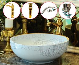 White peony pattern porcelain bathroom sink bowl countertop round Ceramic wash basin bathroom sink