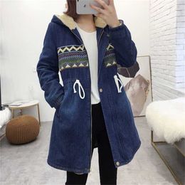 Women's Denim Jacket Winter Printing Warm Thicken Plus Velvet Cotton Padded Coat Loose Hooded Long Outerwear Female 211216