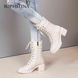 SOPHITINA Women Boots Classics High Quality Genuine Leather Middle High Boots Lace Up Zipper Square Thick Heel Shoes Women SO635 210513