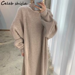 Retro Turtleneck Woolen Dress for Women Thicken Striped Autumn Oversized Long Knit Dresses Female Winter Sweater Clothing 211206