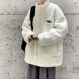 Hybskr Winter Warm Stand Collar Men Lamb Woollen Coats Harajuku Pattern Male Oversized Paraks 5XL Man Casual Jackets Outwear 211122