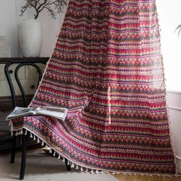 Red Bohemian Curtain Cotton Linen Printing Curtain for Living Room Bedroom Semi-shading Bay Window Curtain Finished Home Decor 210712