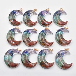Healing crescent moon Seven Chakra charms Retro Colorful natural amethysts Lapis Lazuli 7 colors stone pendants wholesale