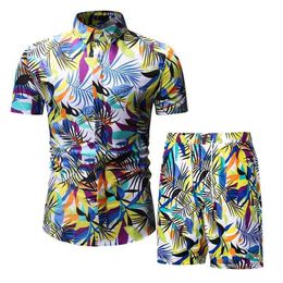Summer Hawaii Men's Print Tracksuit Casual Short Men Sports Suit holiday Shirt+Shorts 2 Piece Sets Brand Sportswear Slim Outfits 210806