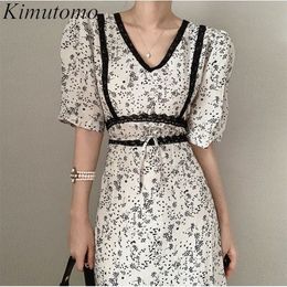 Kimutomo Lace Patchwork Floral Print Dress Summer V-neck Puff Short Sleeve Slim Waist Mermaid Elegant Outwear Casual 210521