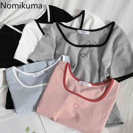 Nomikuma Love Heart Embroidered T Shirt Women All-match Summer Tops High Street Korean Fashion Short Sleeve Tshirt Ladies 210514