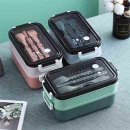 Lunch Box Bento Box for Student Office Worker Double-layer Microwave Heating Lunch Container Food Storage Container 210818