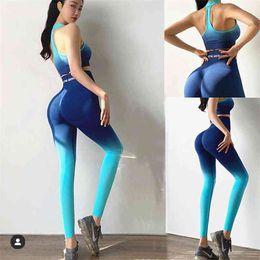Gradient Seamless Women Sport Suit Fitness Female Yoga Set Ombre Push Up Workout Gym Wear Running Clothing Tracksuit Sportswear 210802