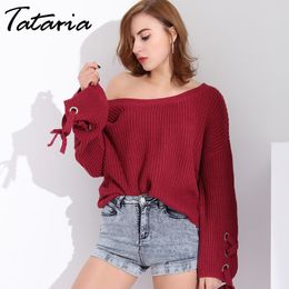 Knitting Pullover Sweater Womens Lace Up Spring Ladies Women Hollow Out Jumper Pull Femme Loose Cold Shoulder 210514