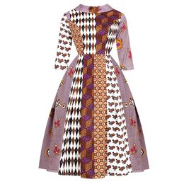 Patchwork Woman Dress Print African Dashiki Casual Women Dresses Ethnic Bohemian Vintage High Waist Back V-Neck Womens Skirt 210524