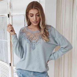 O-Neck Full Pullovers bottom Autumn Women's Summer Fashion Stitching Lace Sexy Classic Sweater Office Lady sweater t-shirt 210508