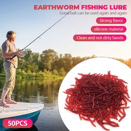 50pcs Lifelike Red Worm Soft Lure 35mm Earthworm Fishing Silicone Artificial Bait Fishy Smell Shrimp Additive Bass Carp