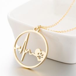 Women Stainless Steel Heartbeat Necklace Chains Gold Ring Paw Heart Beat Pendant Necklaces Men Fashion Jewelry