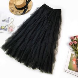 Fashion Tutu Tulle Skirt Women Long Maxi Skirt Spring Summer Korean Black Pink High Waist Pleated Skirt Female 210527