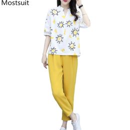 Summer Fashion 2 Piece Pants Sets Outfits Women Printed Tops + Suits Casual Female 2 Pcs Matching 210513