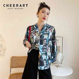 Mosaic Y2k Shirt Streetwear Long Sleeve Button Up Collared For Women Lapel Designer Fashion Top And Blouses 210427