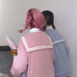 QWEEK Kawaii Zip Up Hoodie Sailor Collar Sweatshirt Japan Style Long Sleeve Cute Tops for Teens JK Pink Navy Soft Girl Kpop 211222