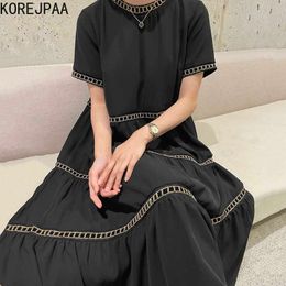 Korejpaa Women Dress Summer French Elegant Contrast Colour Border Line Design Stitching Large Swing Short-Sleeved Vestidos 210526