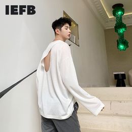 IEFB men's design long sleeve tee tops Personalised open back hollow out casual round collar long sleeve T-shirt 9Y6592 210524