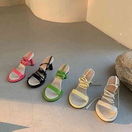Round Toe Women Sandals Fashion Cross Strap Ankle Strap Round High Heels Party Pumps Candy Colour Women Party Dress Sandals Pink 210513