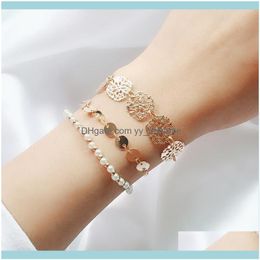 Link, Jewelrylink, Chain Modyle Imitation Pearl Bracelets & Bangles Adjustable Gold Colour Flower Bracelet Set For Women Drop Delivery 2021 T