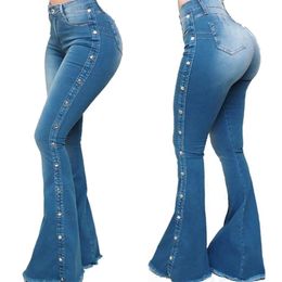 Women Denim Flare Pants Ladies Sexy New Fashion Slim High Waist Skinny Wide Leg Jeans Summer Pocket Long Trousers For Female D30 210322