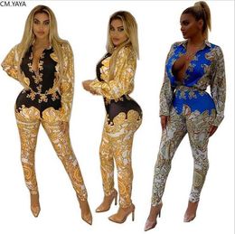 Women Autumn Street Full Sleeve Print bodysuit & pants suit two piece set Casual Sexy Fashion tracksuit outfit GLK9389 210930