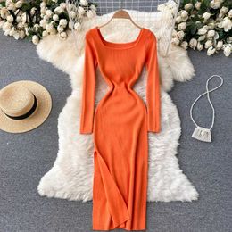 YuooMuoo Ins Fashion Solid Slit Knit Women Dress 2021 New Autumn Winter Elegant Slim Elastic Party Dress Ladies Dresses Y1006
