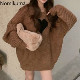 Nomikuma Suter Mujer O Neck Long Sleeve Sweater Women Love Heart Patteern Casual Vintage Kintted Pullover Jumpers Streetwear 210514