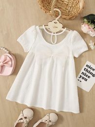 Toddler Girls Mesh Insert Textured Bow Front Puff Sleeve Dress SHE