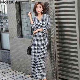 Houndstooth V-neck Long Maxi Dress Women 3/4 Sleeve Belted A-line Dresses Fashion Korean Party Vintage Vestidos Femme 210513