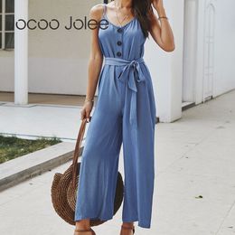 Wide Leg Jumpsuits Women Summer Casual Sleeveless Strap V Neck Button Bandage Jumpsuit With Belt Vintage Overalls 210428