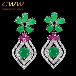 Elegant White Gold Color Cubic Zirconia Green Stone Dangling Flower Drop Earrings Jewelry For Women CZ001 210714