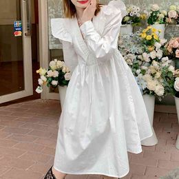 Ezgaga Vintage Long Sleeve Women Dress Korean Fashion Ruffles Spring Flying Sleeve Solid Loose High Waist Bandage Dress Vestidos 210430