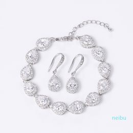 Halo Teardrop Cubic Zirconia CZ Crystal Wedding Bracelet and Earring Bridal Jewelry Set Bridesmaid Jewelry Gift