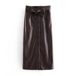 Women's Fashion Retro PU Imitation Leather Single-Breasted High-Waisted Lace-Up Thin Temperament Hip-Length Skirt 210521