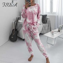 FSDA 2020 Women Set Tie Dye Long Sleeve Top Shirt O Neck And Pants Tracksuit Two Piece Set Casual Outfit Lounge Wear Y0625