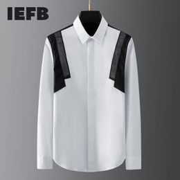 IEFB Fashionable Multi Position Black And White High Fibre Mesh Splicing Men's Slime Trend White Shirt Spring Blouse 9Y5609 210524