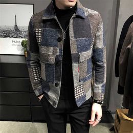 Autumn and Winter Fashion Men's Casual Lapel Hoodless Jacket / Male Slim Plaid Woollen Coat 210927