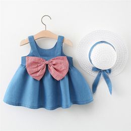 Summer Sleeveless Girls' Dresses Toddler Kids Clothes Bowknot Denim Vest Infant Children Dress Baby 0-24M 210515