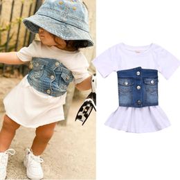 FOCUSNORM 1-6Y Summer Fashion Kids Girls Clothes Sets Short Sleeve Solid A-Line Dress+Denim Blue Vest Belt 2pcs Q0716
