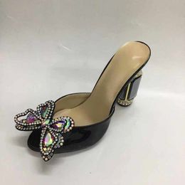 2024 women Ladies patent real leather Rhinestone high heels sandals summer Flip-flops slipper slip-on wedding dress shoes diamond Ballots 3D bow tie black