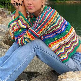 Long Sleeve Autumn Clothes Women Sweaters O Neck Rainbow Patchwork Casual Fashion Knit Christmas Winter 210513