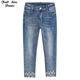 Plus Size Korean Embroidery Beading Stretch Jeans 4XL 5XL Summer Hight Waist Calf Length Denim Pencil Pants Indie Aesthetic XS 210922